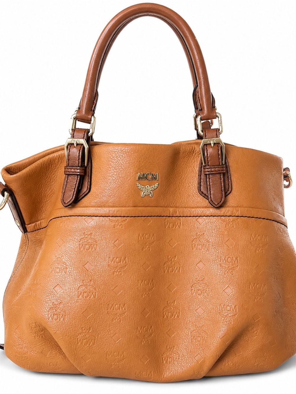 MCM Cognac Brown Embossed Monogram Leather Large Tote Bag